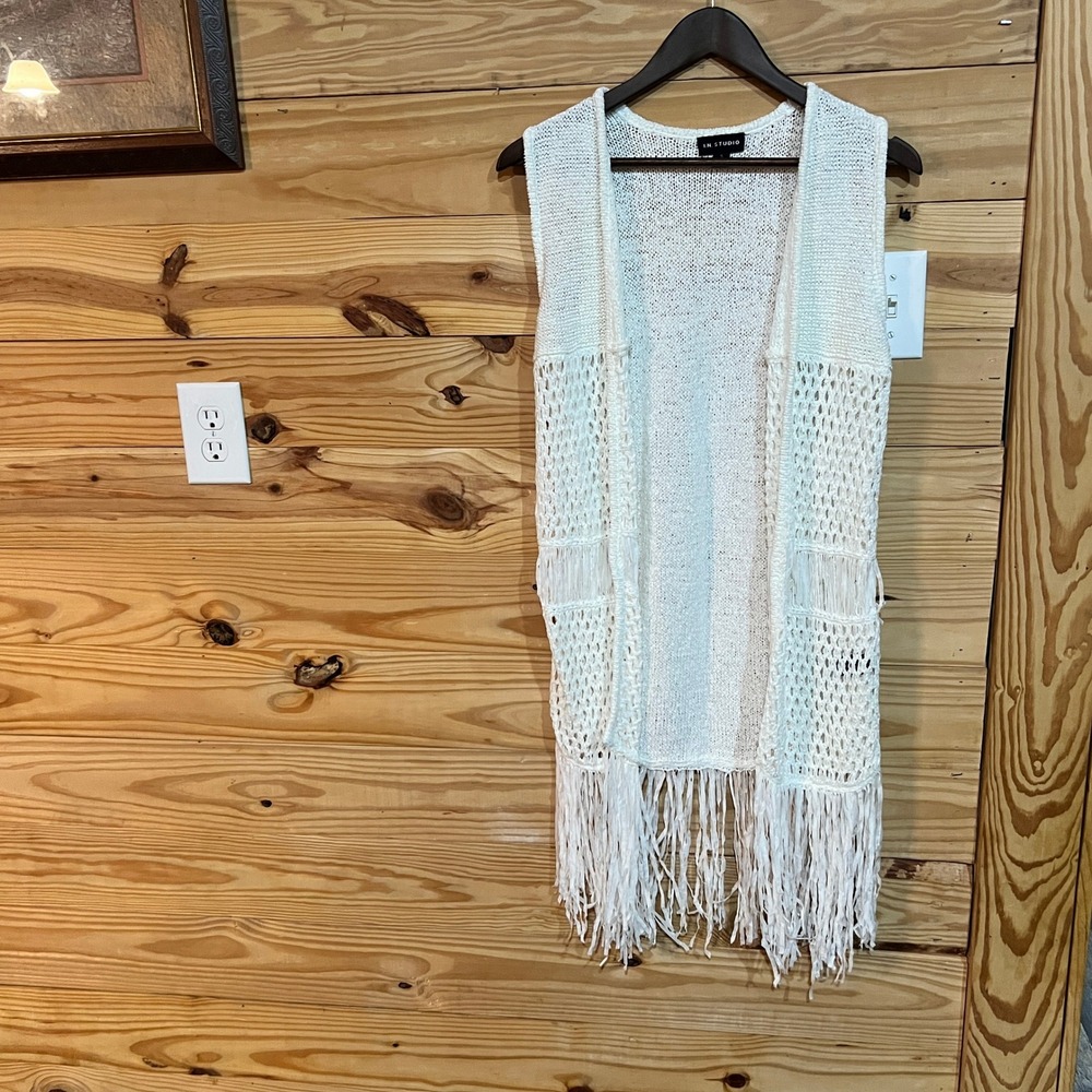 I.N. Studio Crochet Vest Duster Open Front Long Fringe Bohemian Festival Small